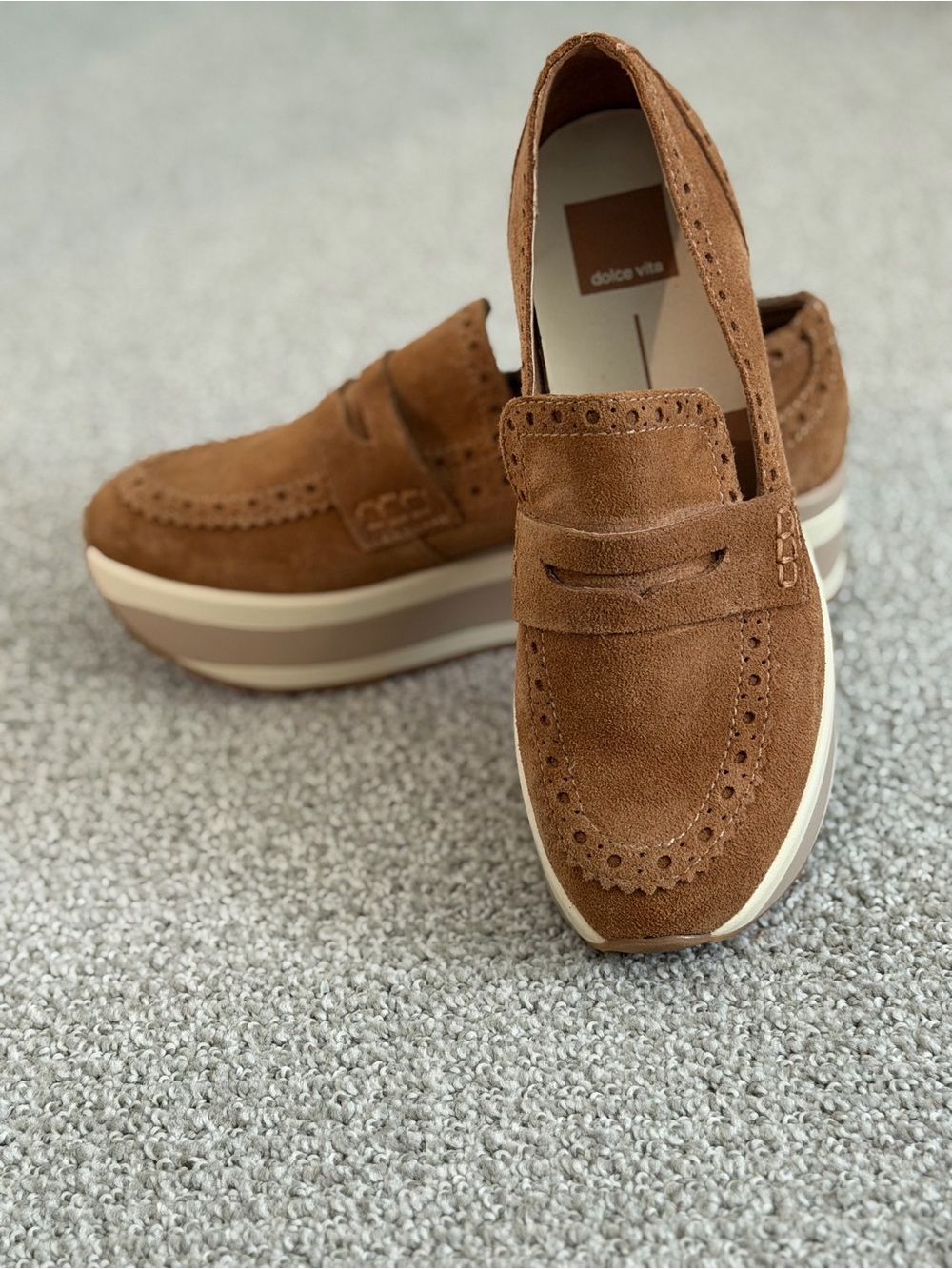 dolce vita Women’s “Janine” Suede Platform Loafer in Camel Brown
